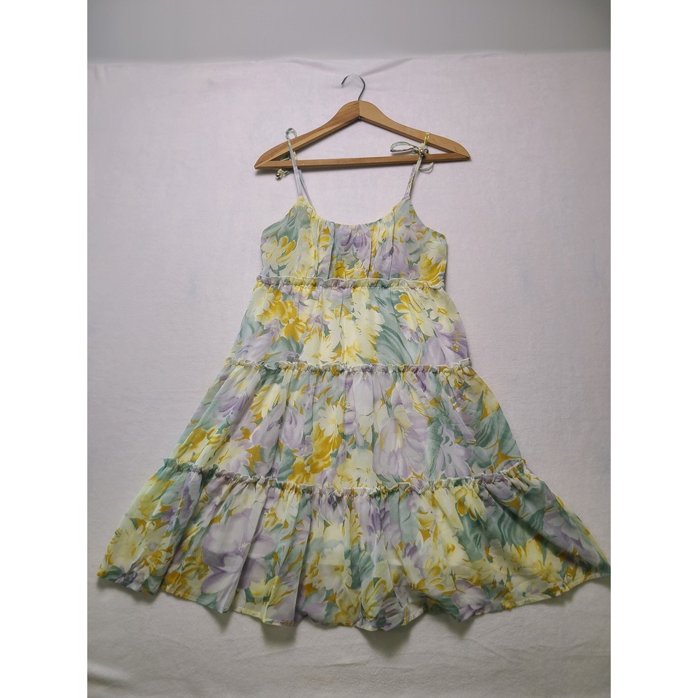M Tier Floral Chiffon Dress Boho Purple Yellow Smocked Back Cottagecore Wedding
